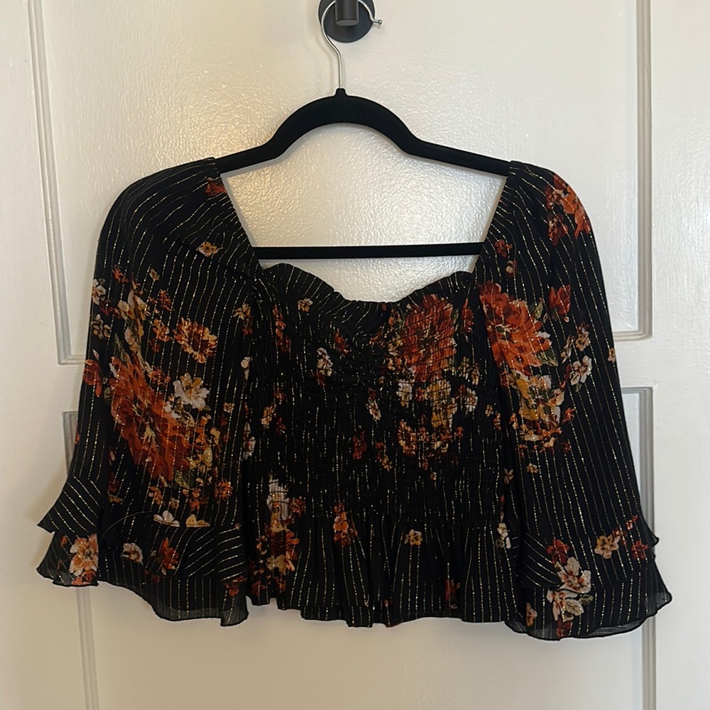 Blue Life smocked black and gold floral cropped top